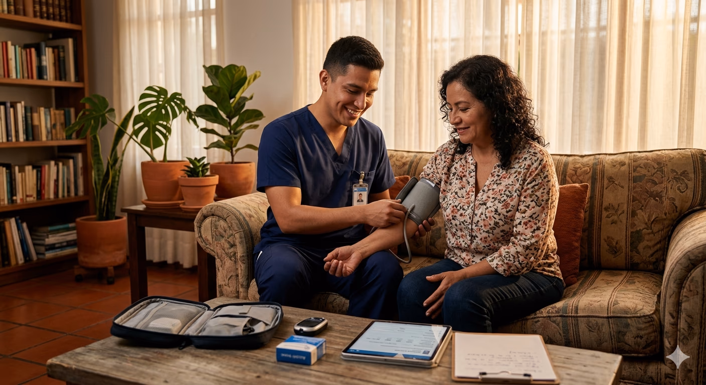 Profesional de salud atendiendo paciente en casa